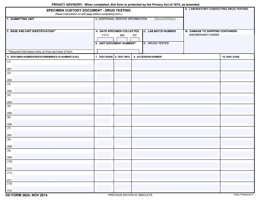 form 2624 received with a 2d specimen