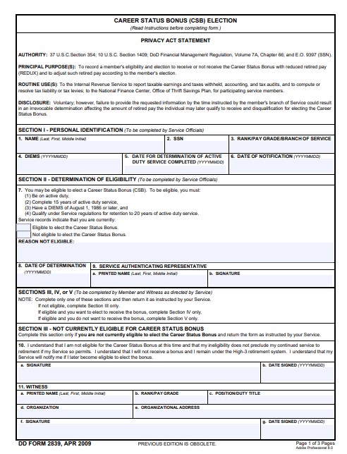 Download dd 2839 Form